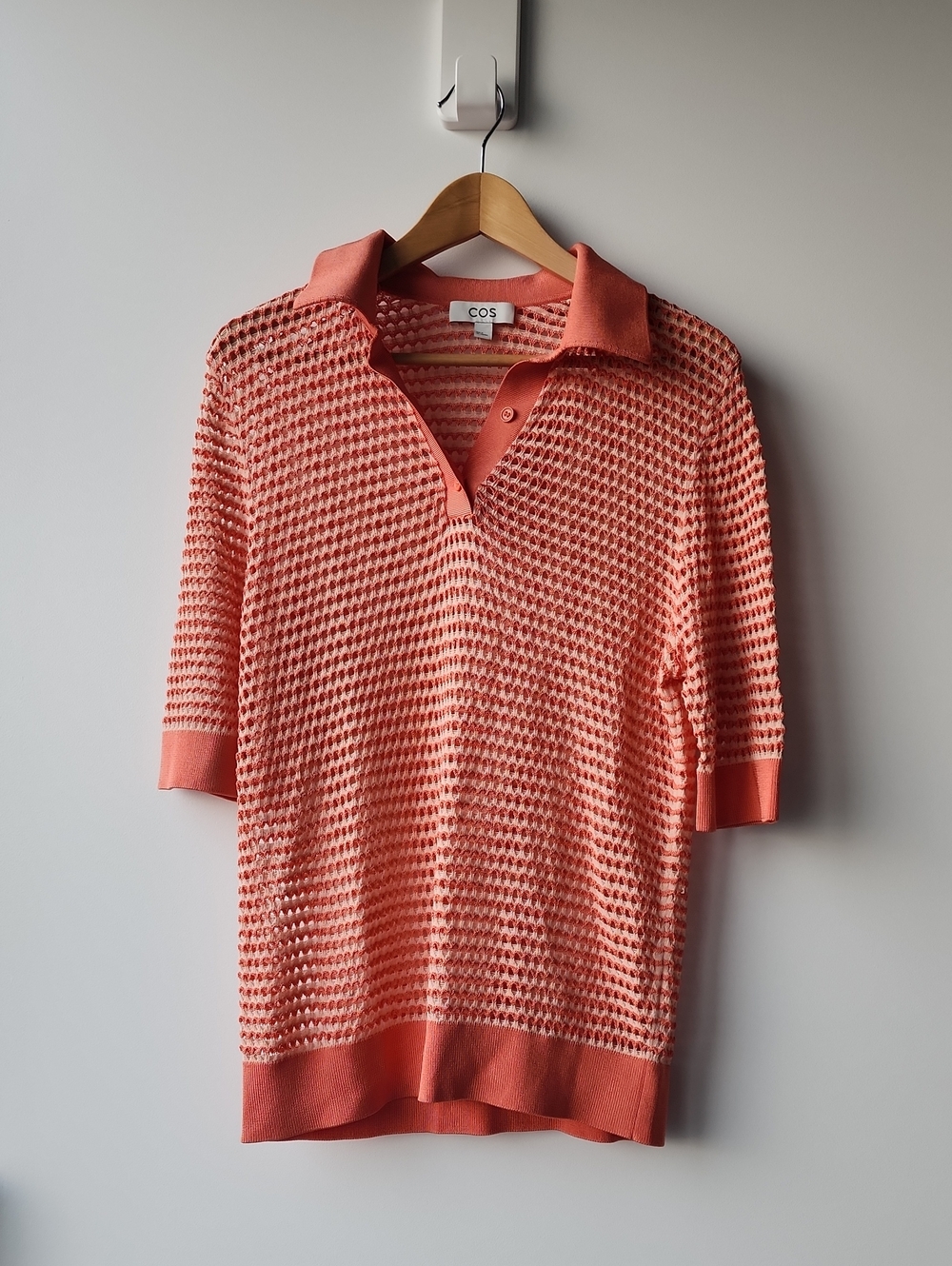 COS Crochet Knit See Throught Quarter Button Polo Top